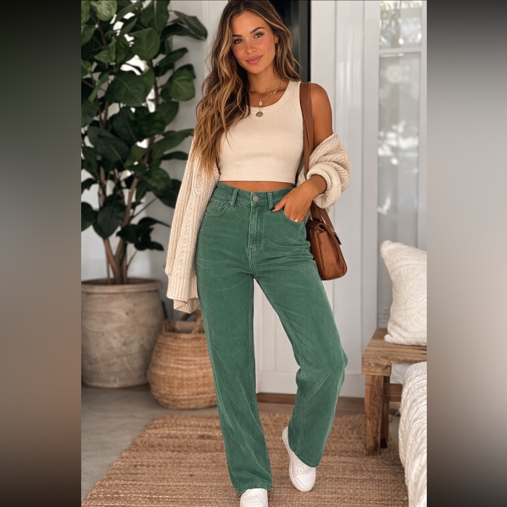 Free People Green Corduroy High Rise Straight Leg Pants Size __
28